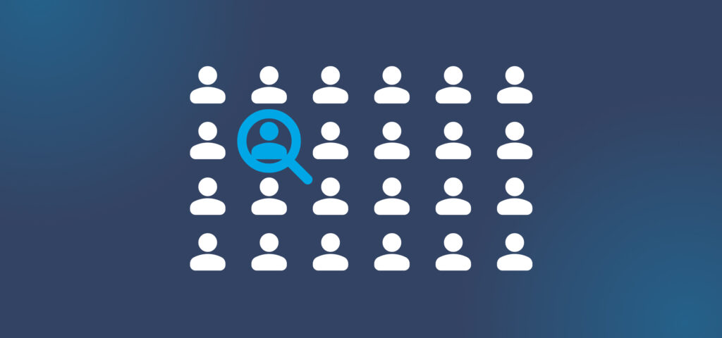 An illustration of many white user icons on a dark blue background with one icon highlighted by a magnifying glass symbol to show how to find a good tenant.