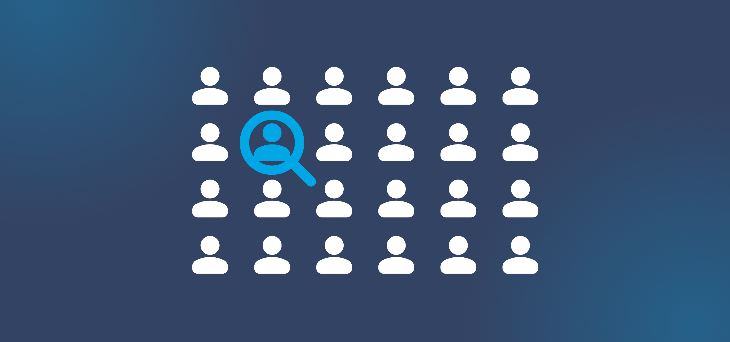 An illustration of many white user icons on a dark blue background with one icon highlighted by a magnifying glass symbol to show how to find a good tenant.