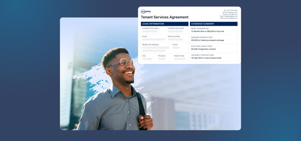 A man holding a bag over one shoulder looks up with a smile at SingleKey Rent Guarantee contract with the words Tenant Services Agreement across the top.