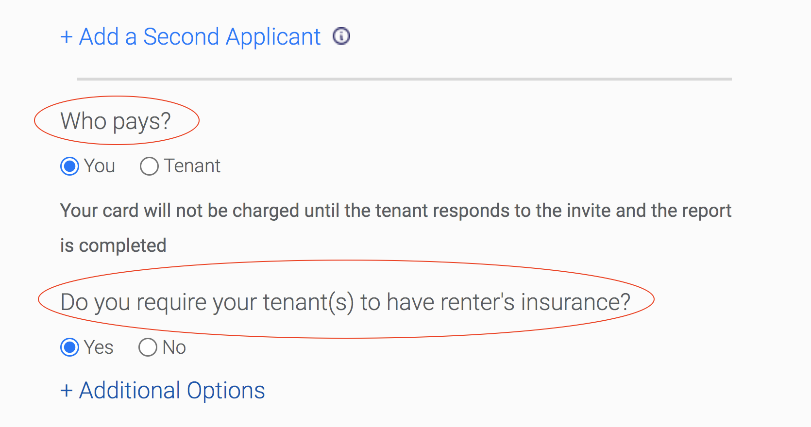 This is Step 1, Option 1, "Who pays” and "Renter's insurance", of how to screen tenants using SingleKey's platform. 