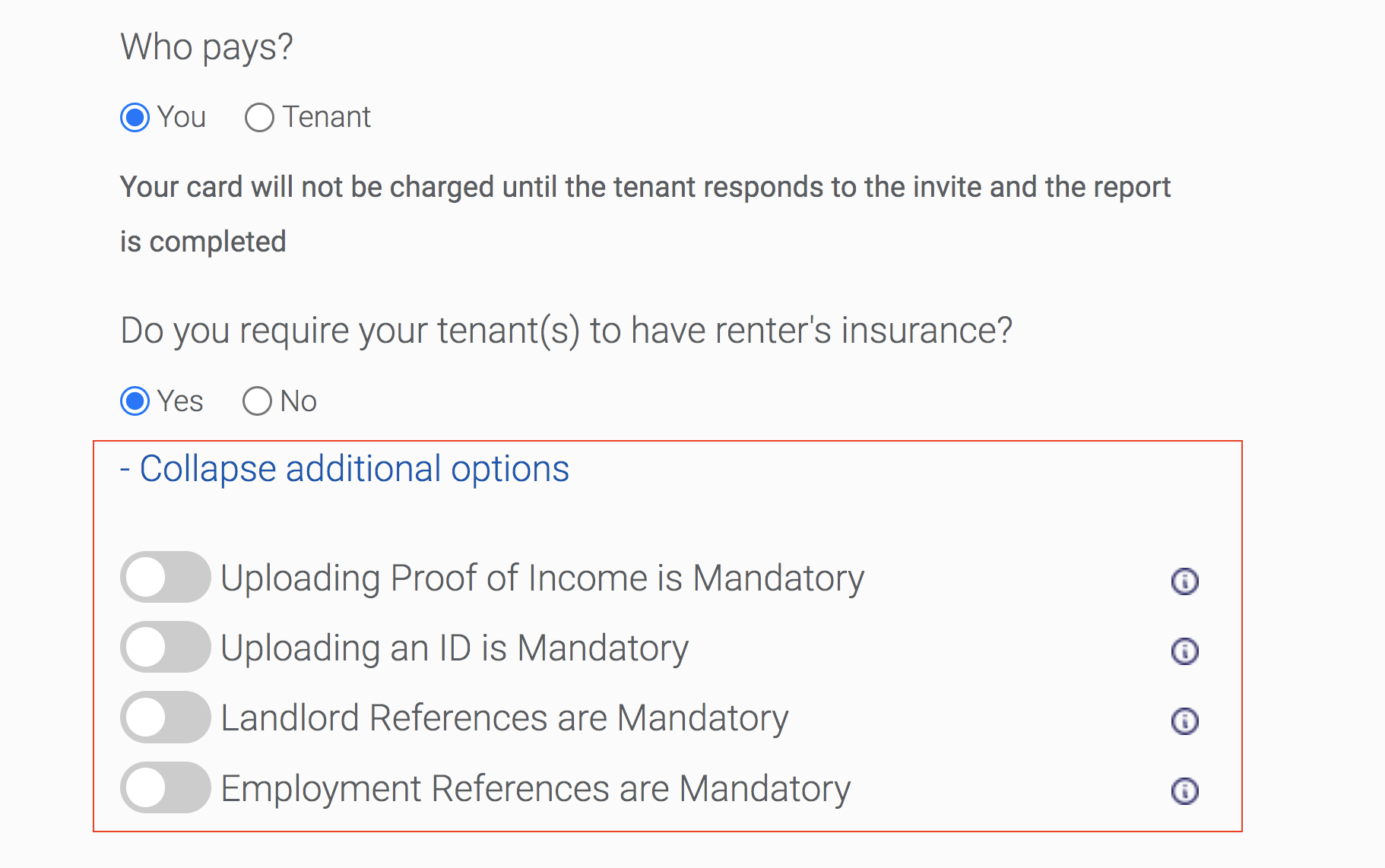 This is Step 1, Option 1, “Additional Options”, of how to screen tenants using SingleKey's platform. 