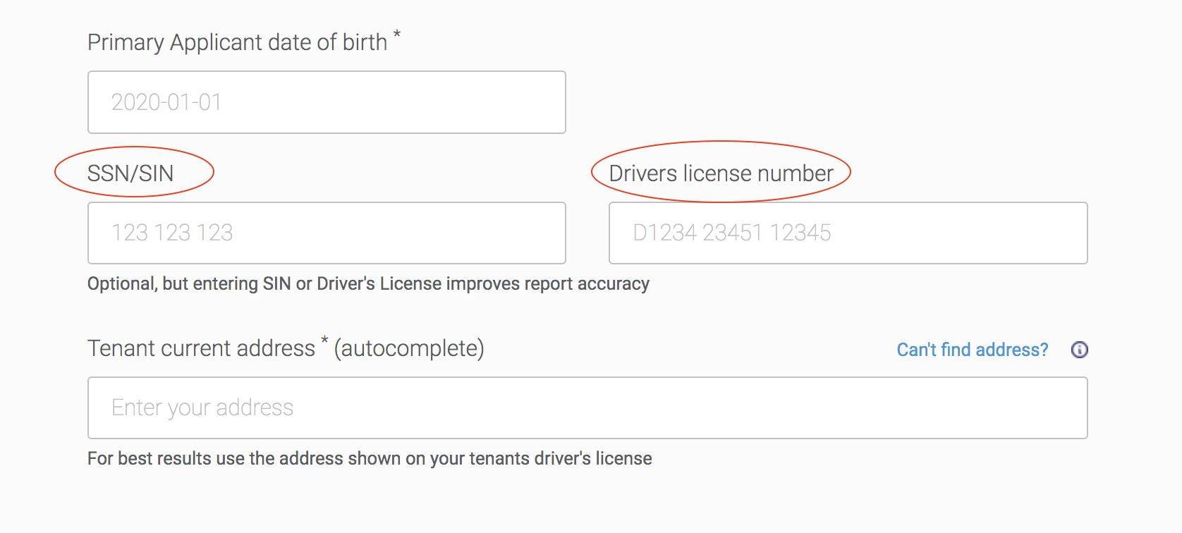 This is Step 1, Option 2, “SSN/SIN” and "Driver's license", of how to screen tenants using SingleKey's platform. 