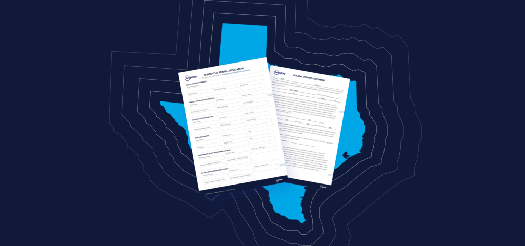 An outline of the state of Texas with rental agreements for landlords
