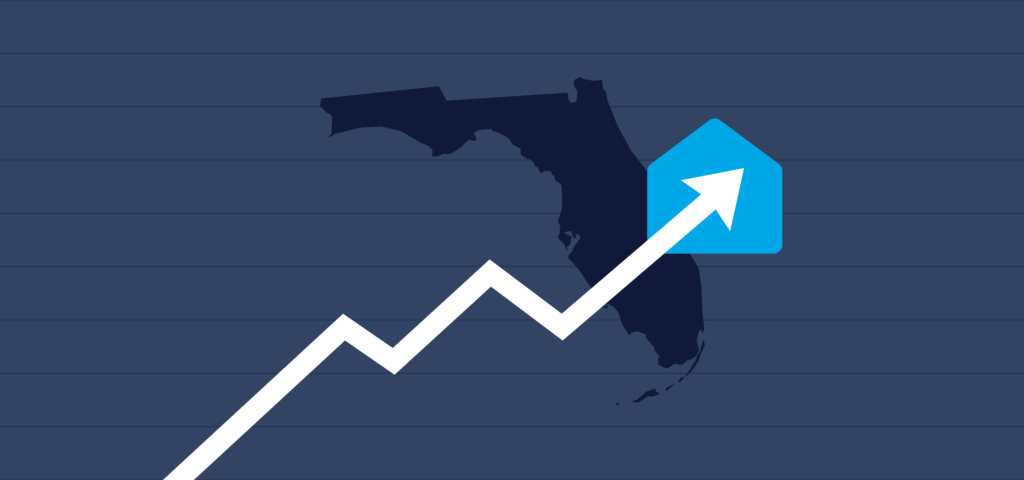 An arrow trending up against the background of an outline of the state of Florida