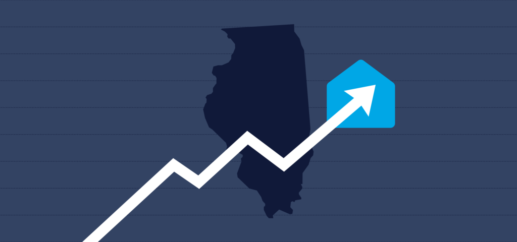 An arrow trending up against the background of an outline of the state of Illinois
