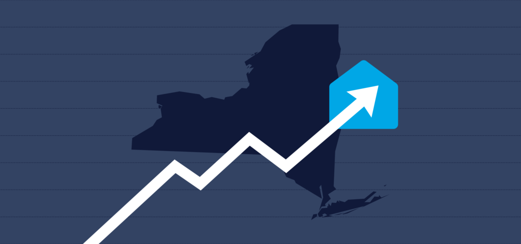 An arrow trending up against the background of an outline of the state of New York