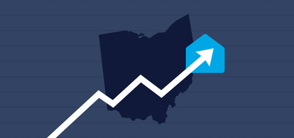 An arrow trending up against the background of an outline of the state of Ohio