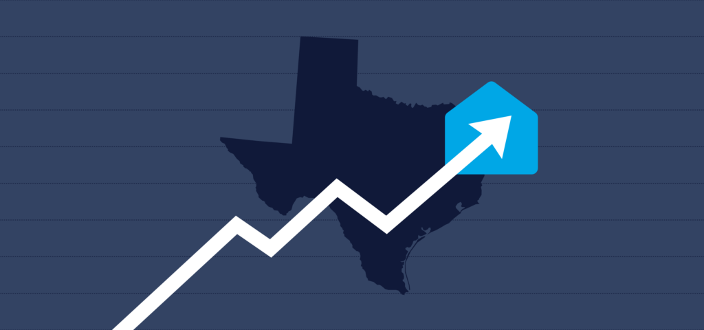 An arrow trending up against the background of an outline of the state of Texas