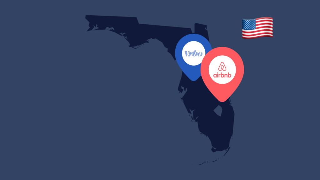 An outline of the state of Florida with VRBO and Airbnb location pins on it to show short-term rentals in the state.
