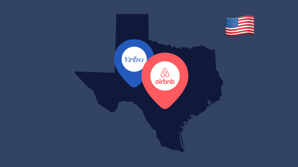 An outline of the state of Texas with VRBO and Airbnb location pins on it to show short-term rentals in the state.