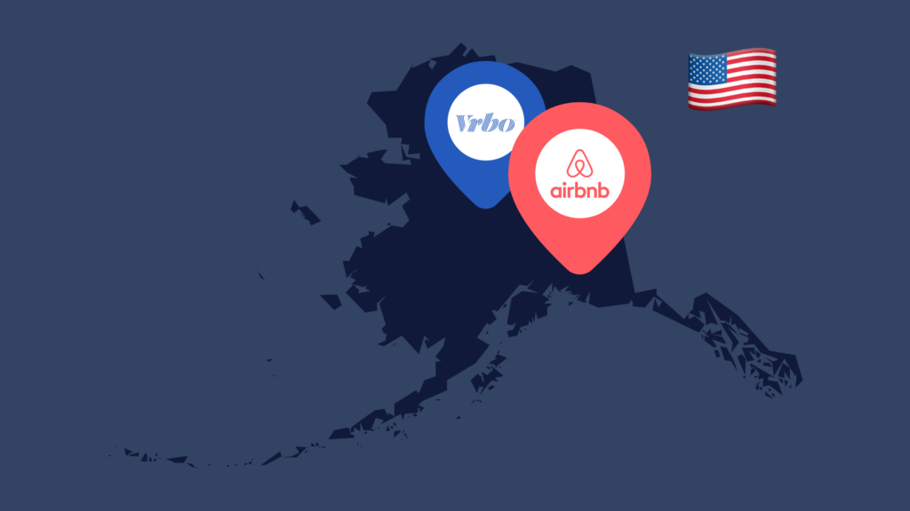 An outline of the state of Alaska with VRBO and Airbnb location pins on it to show short-term rentals in the state.