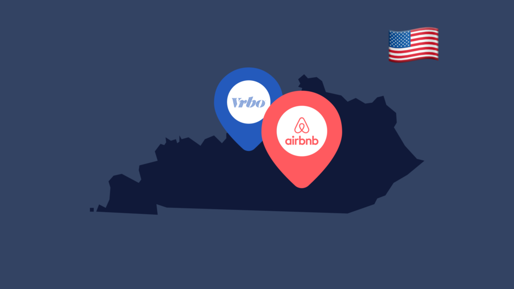 An outline of the state of Kentucky with VRBO and Airbnb location pins on it to show short-term rentals in the state.