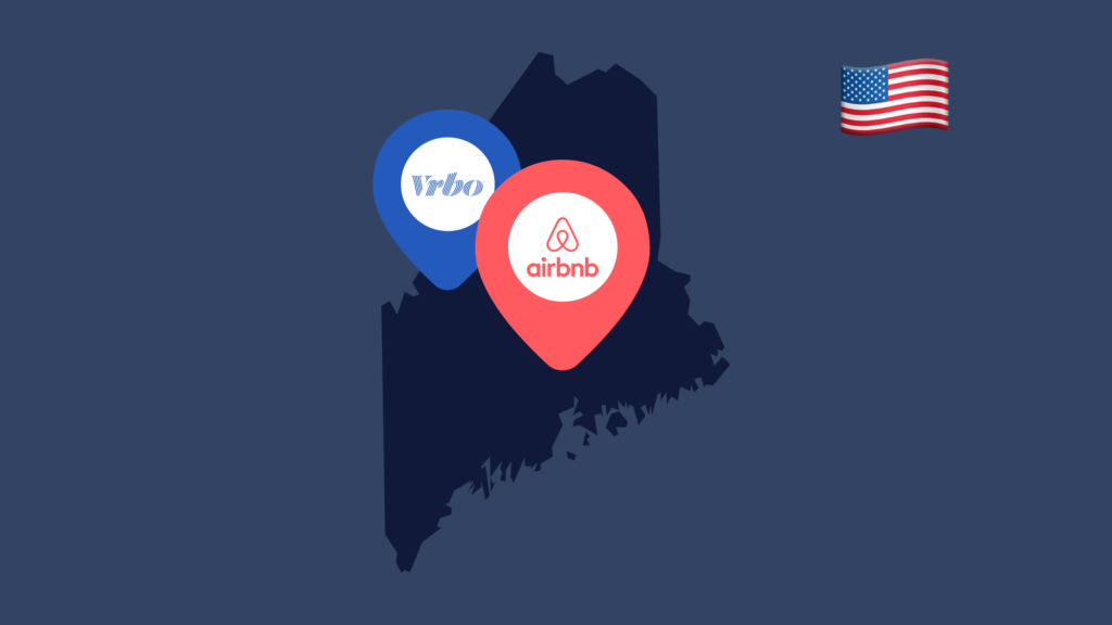 An outline of the state of Maine with VRBO and Airbnb location pins on it to show short-term rentals in the state.