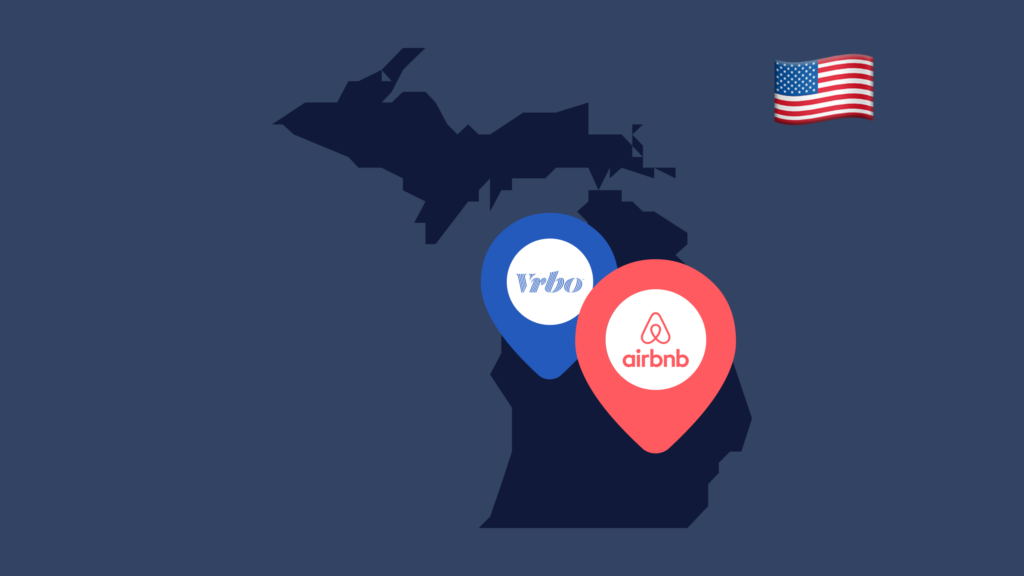 An outline of the state of Michigan with VRBO and Airbnb location pins on it to show short-term rentals in the state.