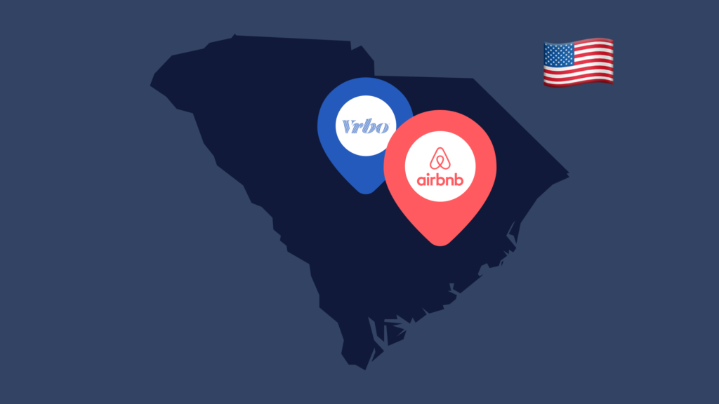 An outline of the state of South Carolina with VRBO and Airbnb location pins on it to show short-term rentals in the state.