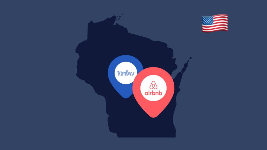 An outline of the state of Wisconsin with VRBO and Airbnb location pins on it to show short-term rentals in the state.