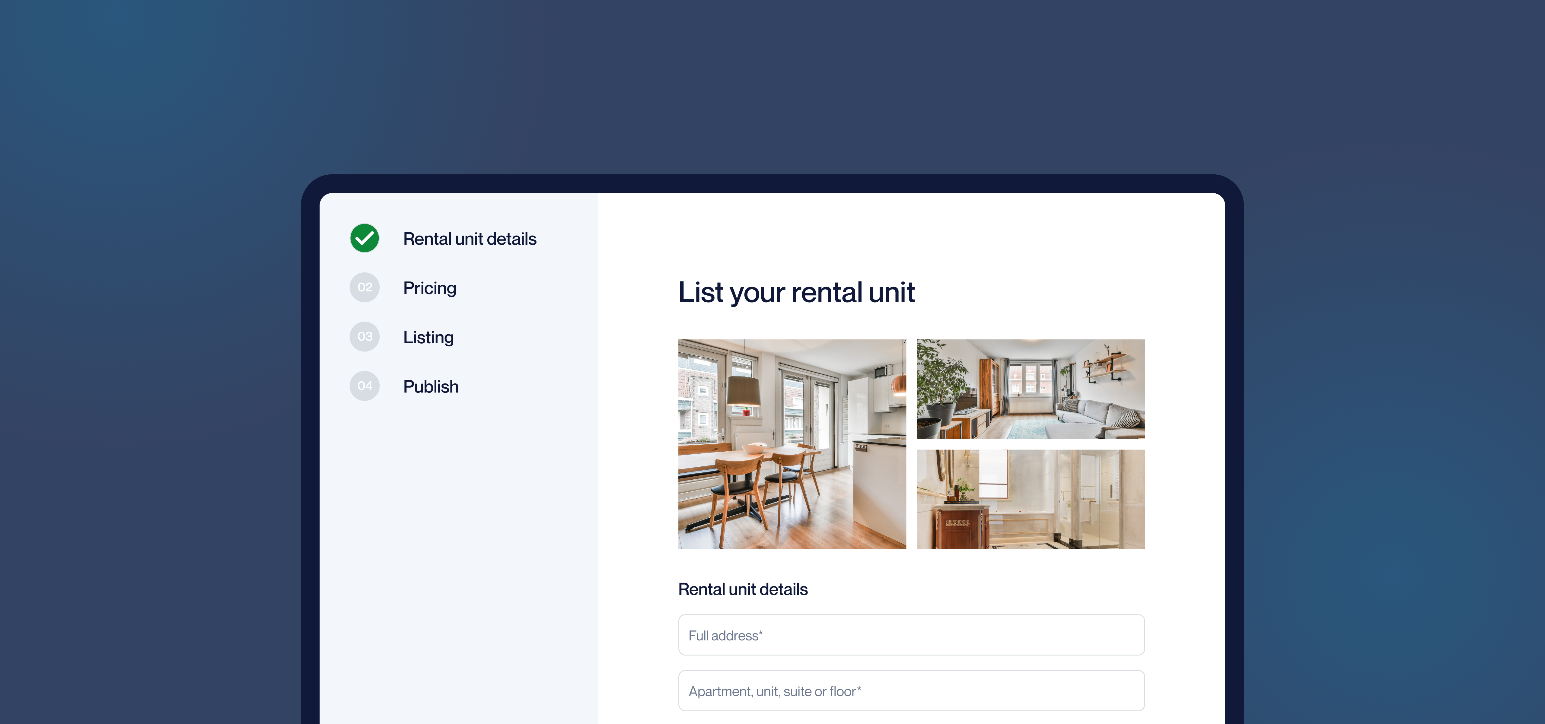 A screenshot of the first step in creating an online rental listing. There are photos of an apartment's kitchen, bedroom, and bathroom, empty fields to fill in rental unit details underneath, and an online navigation of menu items to one side, with "Rental unit details" checked off.