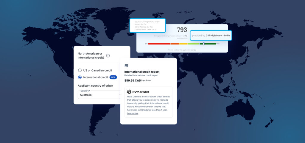 A map of the world with screenshots of SingleKey's International Credit Check on top of it