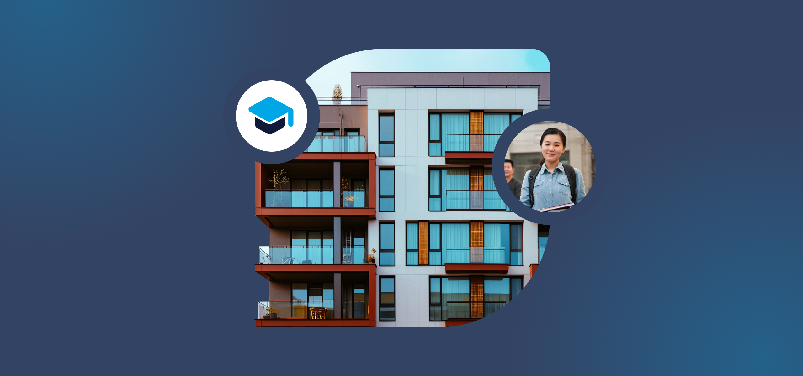 A condo building is overlayed with two small circles. One circle has an illustrated graduate cap icon and another with a student wearing a backpack