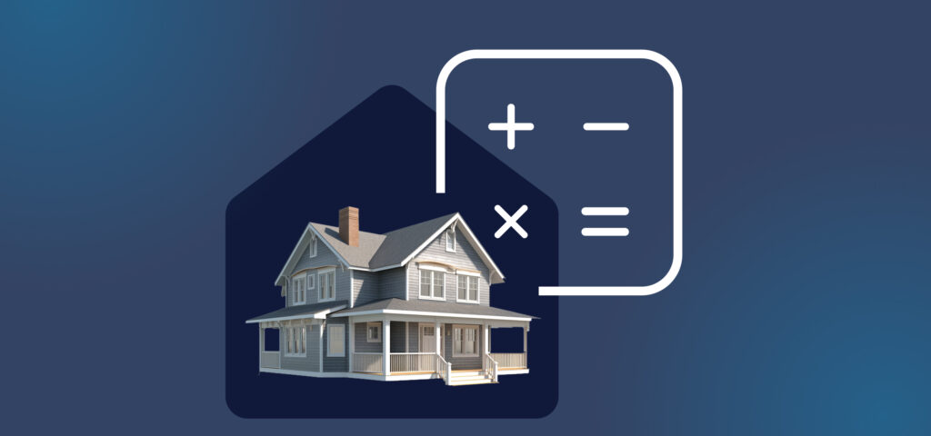 A house with a large front porch and above it, an icon containing the plus, minus, multiplication, and equal symbols.